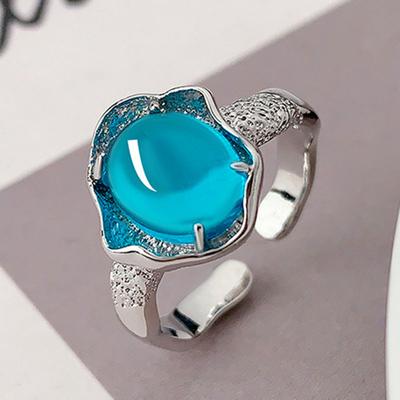 Panjbj   Copper Blue Crystal Geometry Ring For Women Ellipse Irregular Texture Design Jewelry Gift Dropshipping