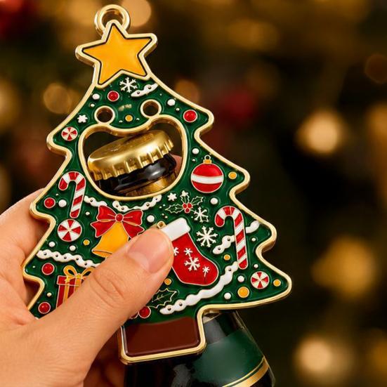 Holiday Party Gift for Friends Christmas Tree Bottle Opener, Metal Beer Cap Opener with Magnet Solid Fridge Sticker, Festive Kitchen Decor,