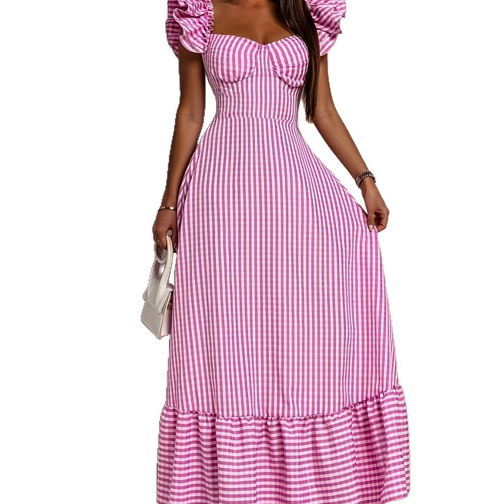Women's Retro French Plaid Short-sleeved Dress with Ruffle Edge, Waist and Thin Dress