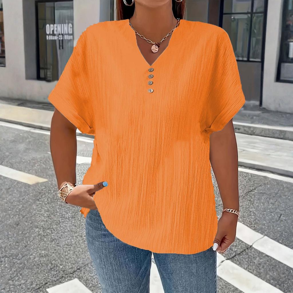 Women’s Short Sleeve V Neck Blouse with Button Loose Fit Tunic Top for Casual Daily Wear