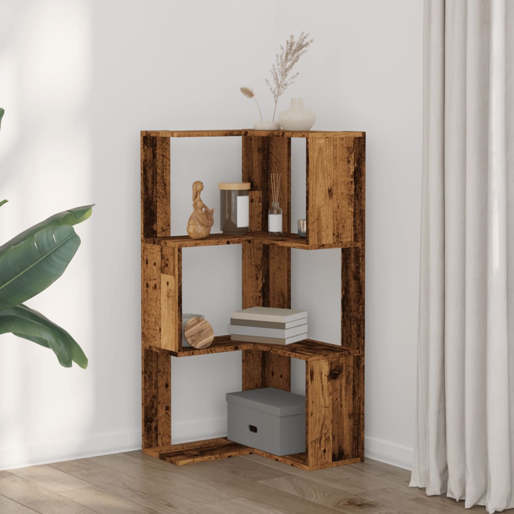 Corner Bookshelf 3 Shelves Rustic Wood Effect 50 X 50 X 102 Cm Engineered Wood