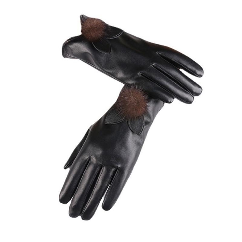 Warm Leather Gloves Mink Ball Ladies Thickened Outdoor Fleece Ladies Touch Screen Leather Touch Screen Winter Gloves