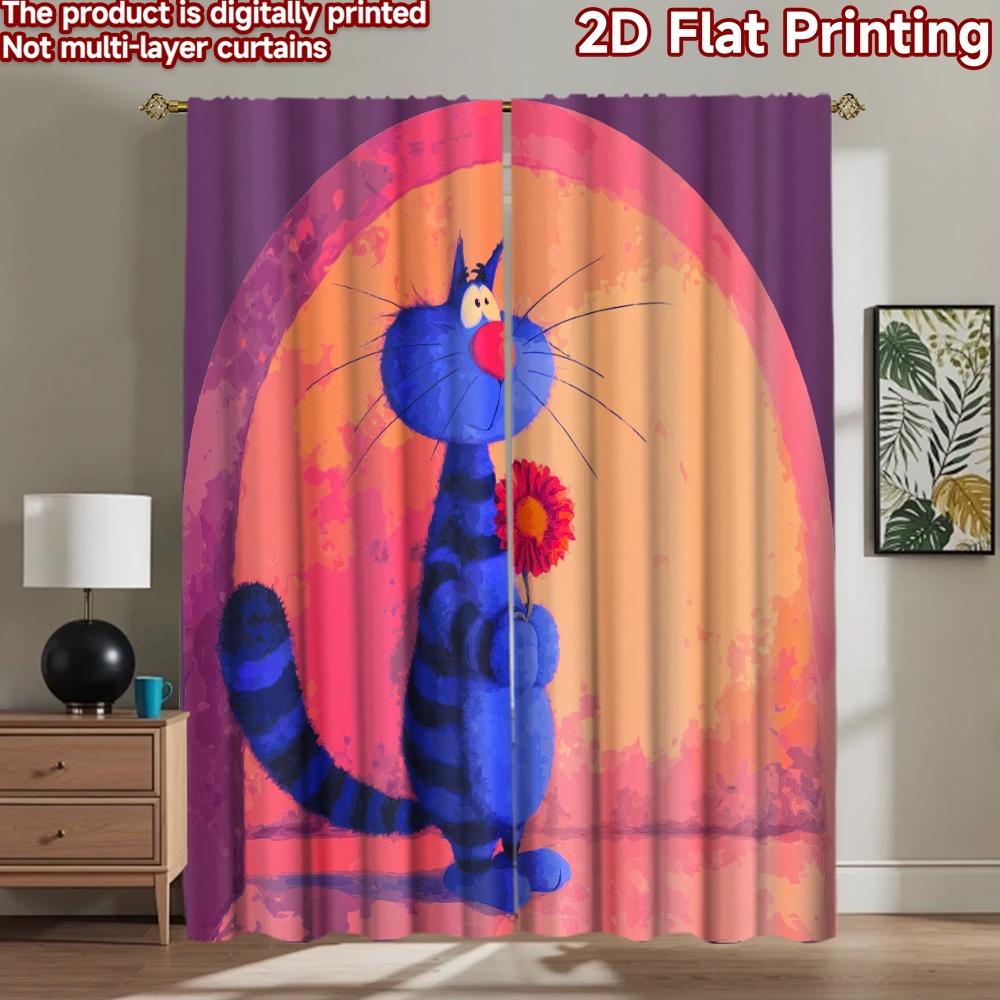 2D flat printing 2pcs Window Curtains Blue Cat Flower Romance Digital Printed Polyester Drapes Seasonal Party & Holiday Decor