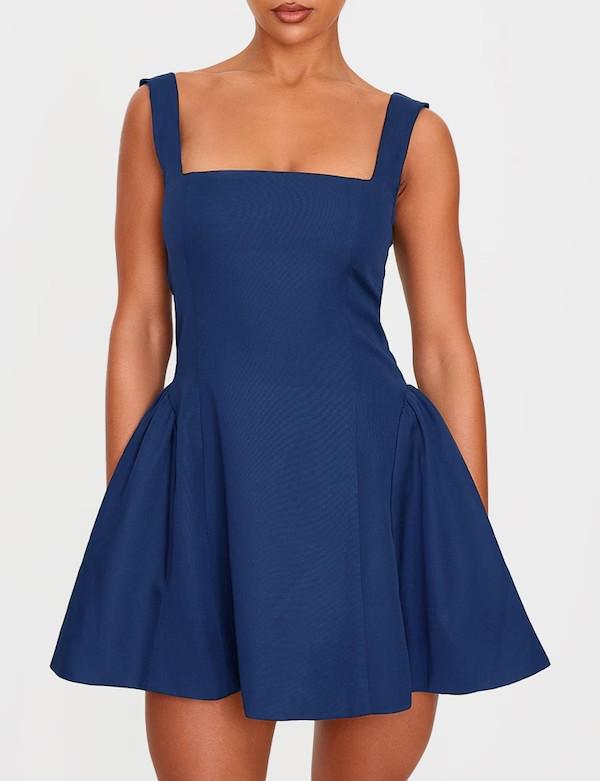Women's Sleeveless Square Neck Cinched Waist Mini Flared Party Dress
