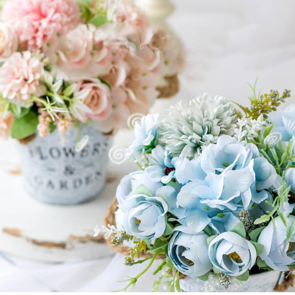 Artificial Flowers with Vase Faux Rose Plants Bucket Arrangement Decorations Home Decor Planter Container for