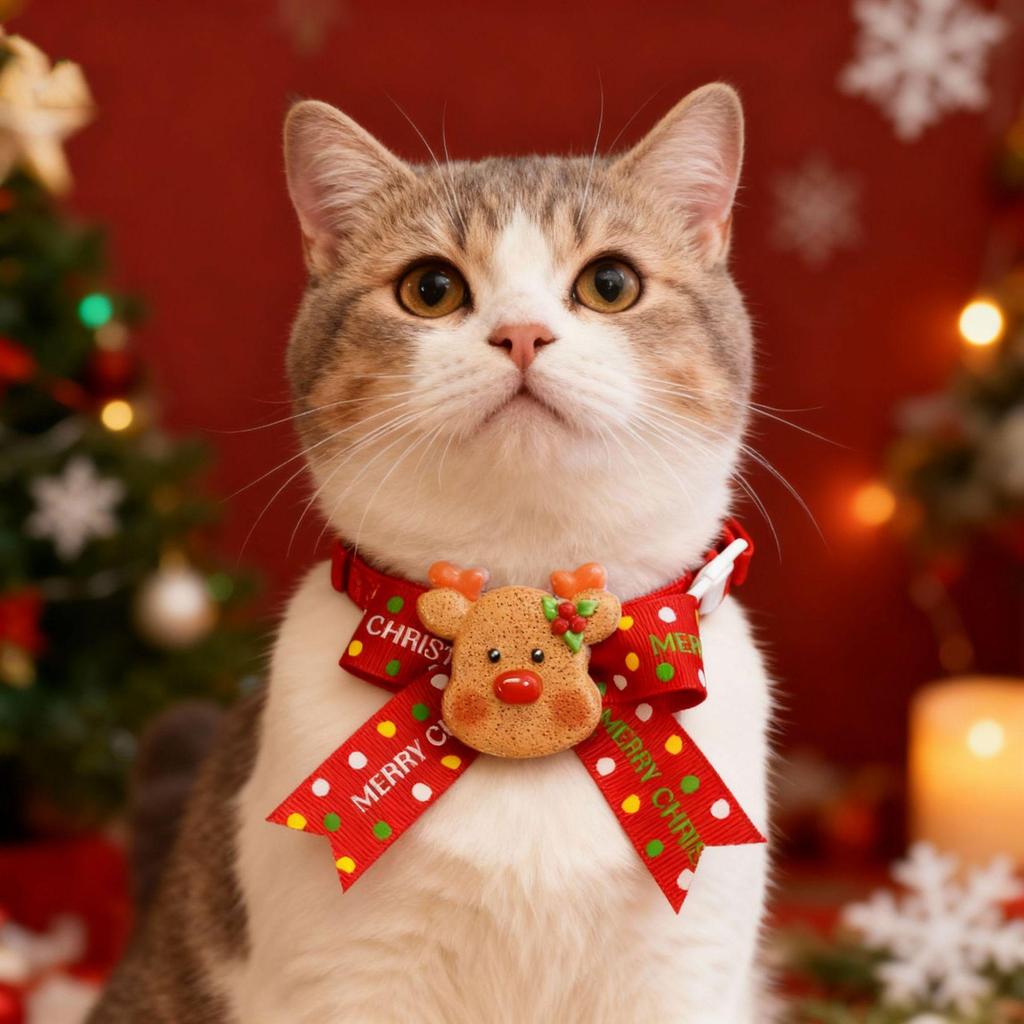 Festive Cartoon Collar with Cute Bow for Cats & Dogs - Silent Red Christmas Necklace Decoration