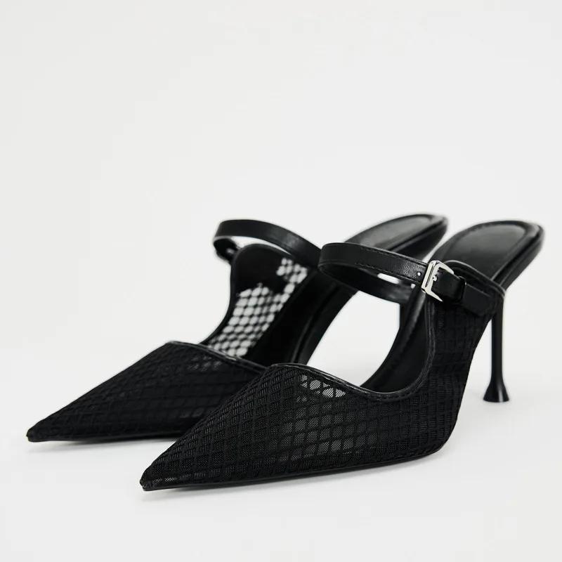 

Модные женские босоножки на высоком каблуке с острым носком и сексуальной сеткой, лето 2025, новый дизайнерский черный слингбэк, элегантные туфли-стилет для офисной леди 36 чёрный
