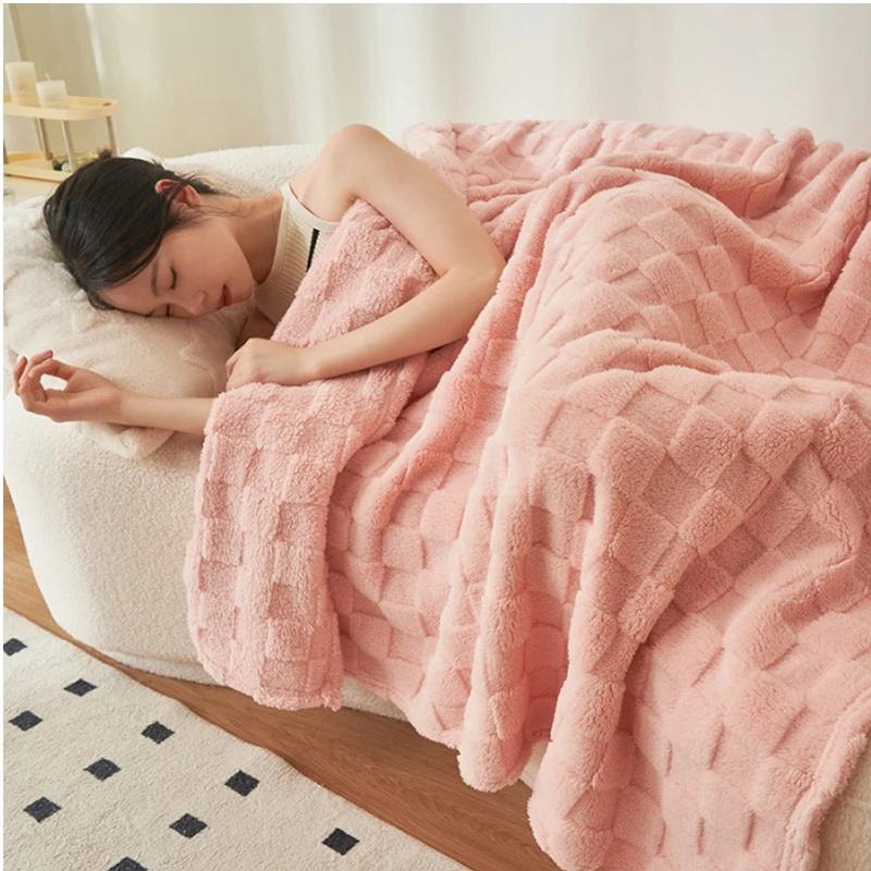 Manta de Viaje Gruesa Cálida de Forro Polar Suave Felpa Color Sólido Manta para Sofá Cómoda Textura Cuadrada Manta de Cama Uso en el Hogar