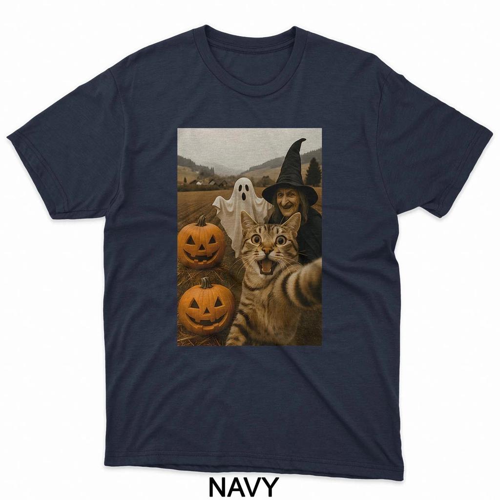 HOT SALE Funny Halloween Cat Selfie with Ghost Boo Witch Pumpkin T-Shirt Gift New T-Shirt Soft  Round-neck Tee Streetwear Style