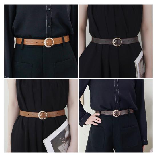 Imitation Leather Women Belt Faux Pearls Pin Buckle Adjustable Holes Design Waistband Versatile Fashion