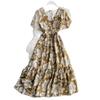 Summer French Platycodon Skirt Temperament V-Neck Waist Skinny Printed Over Knee Flared Sleeve Chiffon Floral Dress