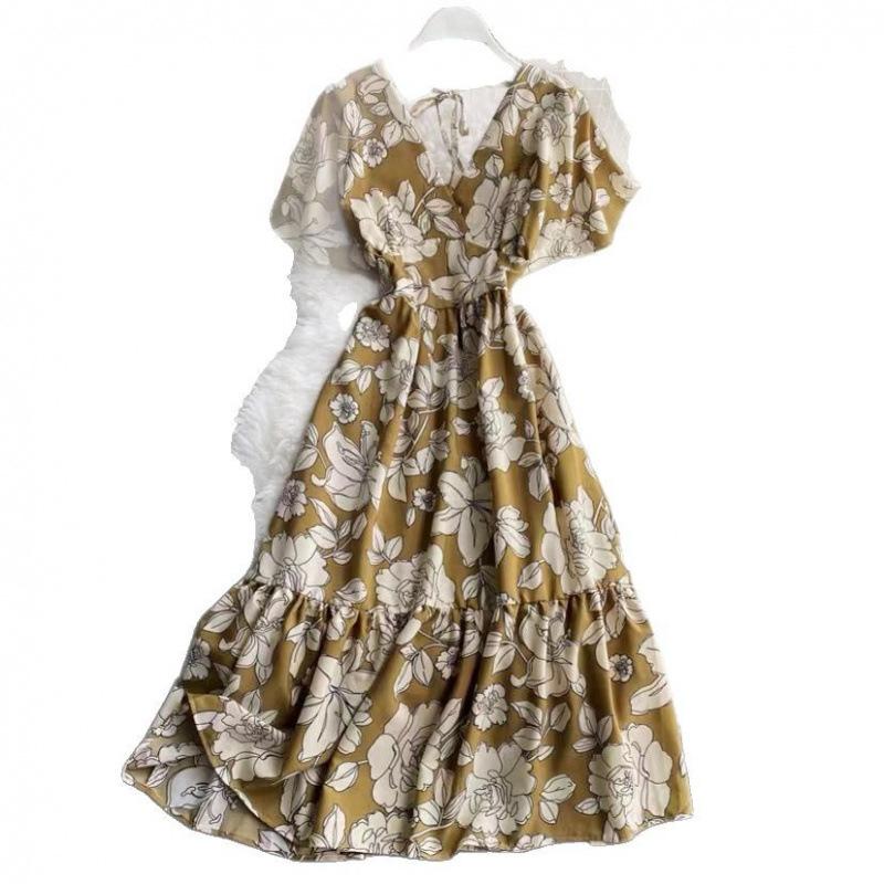 Summer French Platycodon Skirt Temperament V-Neck Waist Skinny Printed Over Knee Flared Sleeve Chiffon Floral Dress