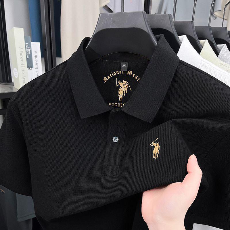 Atmungsaktives Piqué-Baumwoll-Poloshirt für Herren mit Stickerei eines Pferde-Logos - Business Casual, Kurzarm-Poloshirt mit Kragen für Väter mittleren Alters M (for 90-115 jin) schwarz