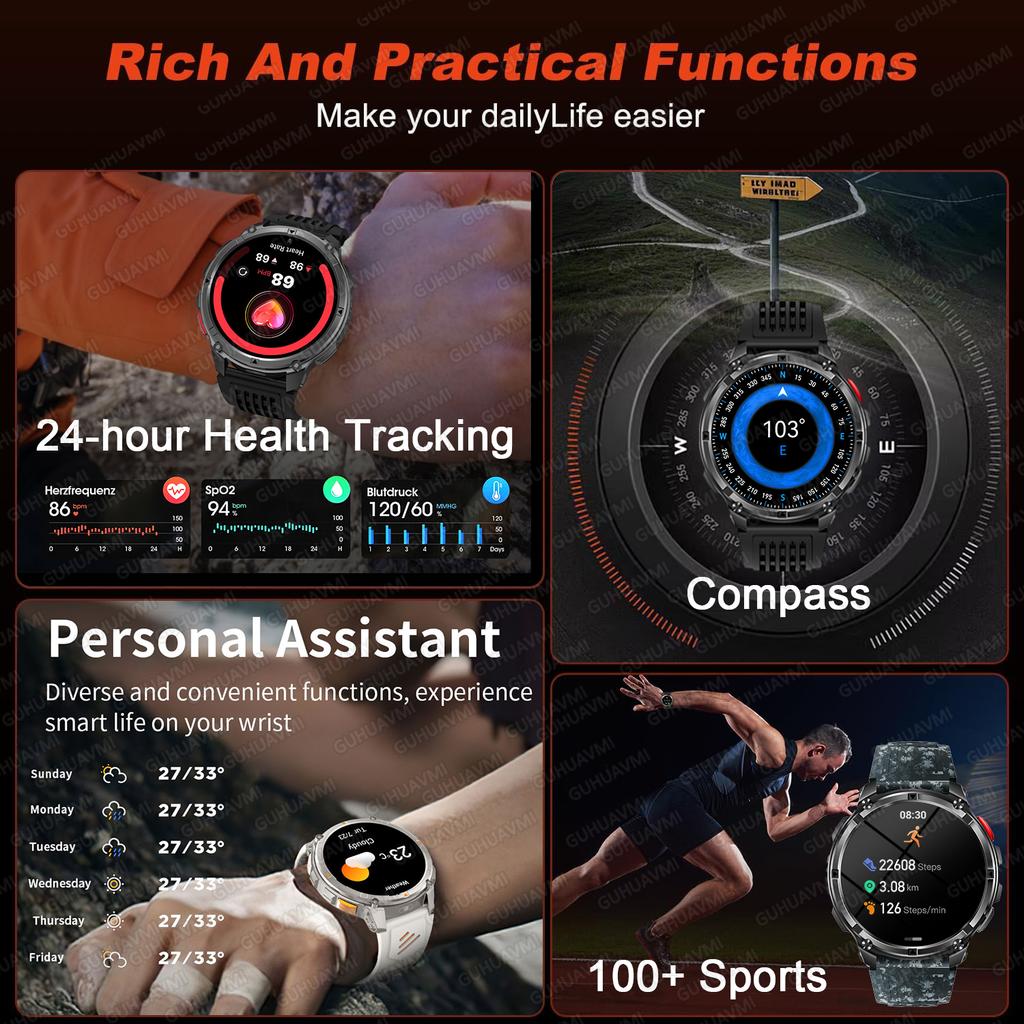 2026 New 1100mAh Battery Outdoor Ultra Durable Men Smartwatch Flashlight Heart Rate Bluetooth Call 5ATM Waterproof Sports Smart Watch