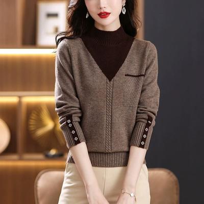 Damen-Strickpullover, Herbst und Winter, gefälschter zweiteiliger Strickpullover, Farbblock-Anzug, Strickpullover