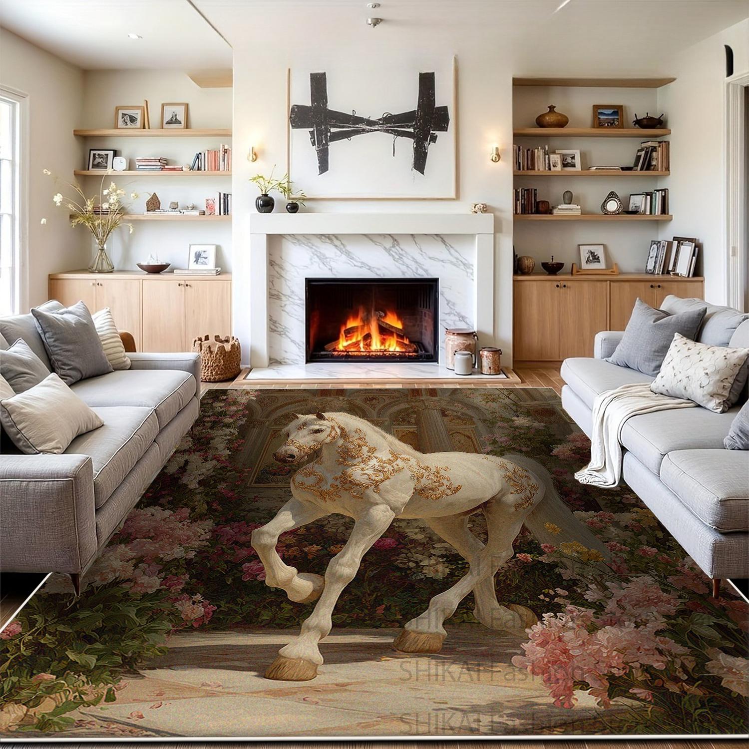 

3D White Horse Pattern Antiskid CARPET FOR LIVE ROOM Decoration Bedroom Nursery Fluffy Rug Easy Cleaning Short Velvet Floor Mats 60x90cm