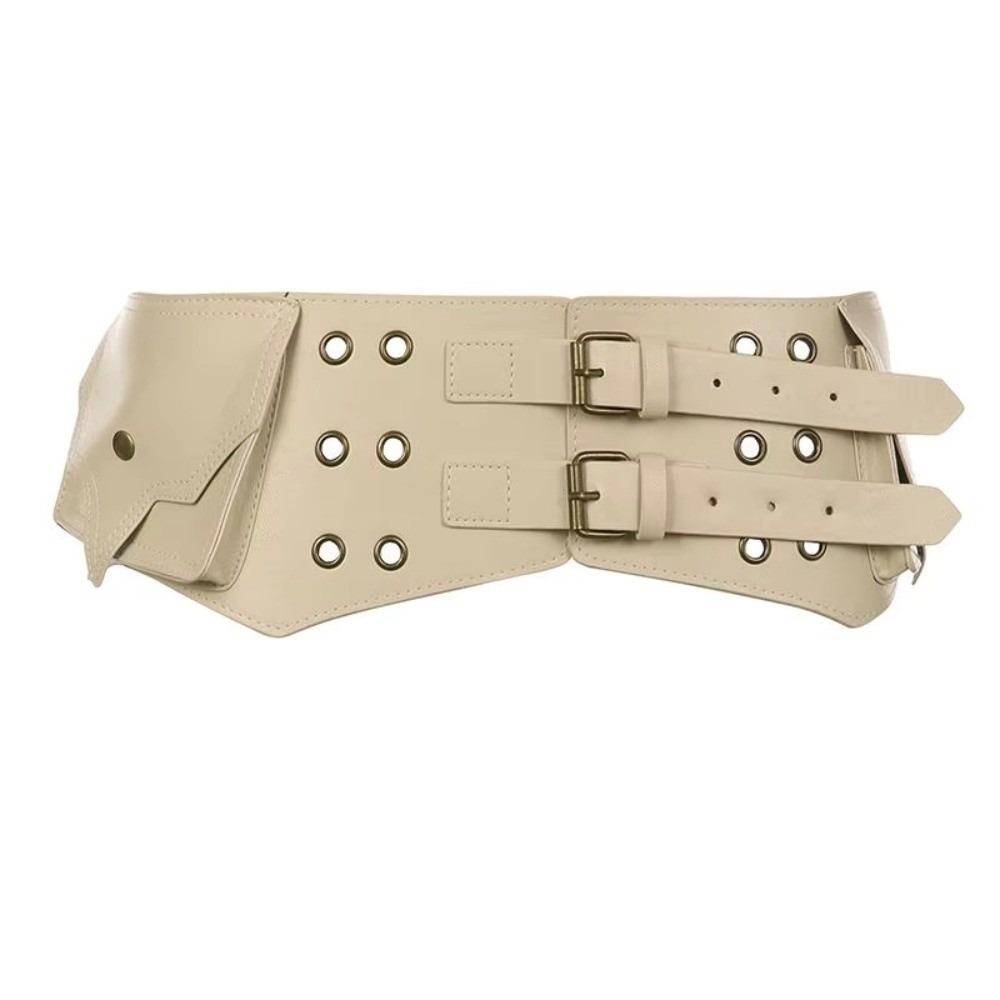 

Vintage Pockets Waist Strap Round Eyelet Pu Leather Belt Women Outdoor бежевий