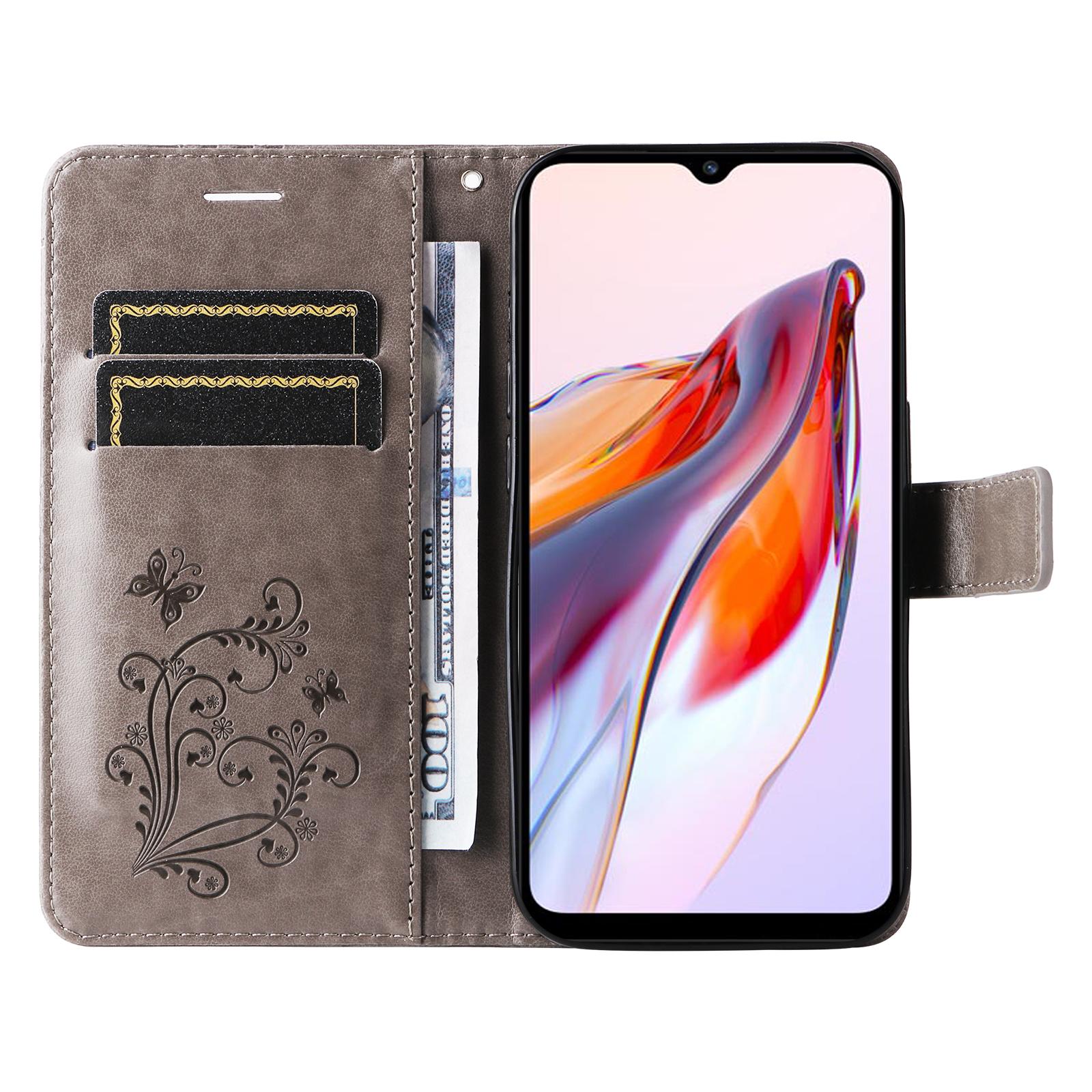 

For Xiaomi Redmi 12C 4G/11A 4G Wallet Case Floral Butterfly Imprinted Leather Phone Cover Stand Grey