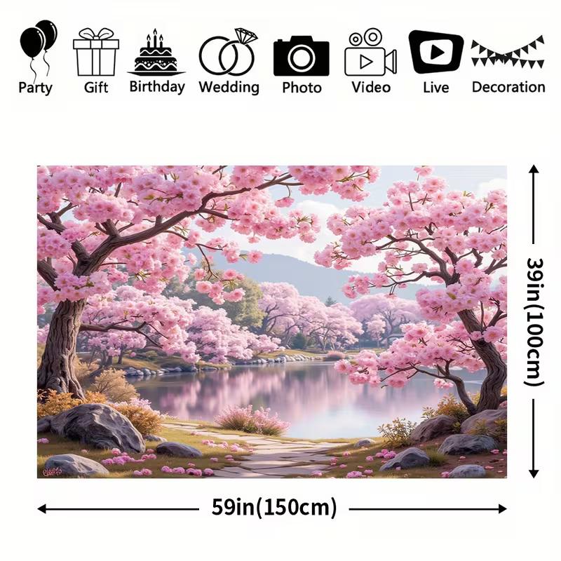 Tapisserie Lac aux Fleurs de Cerisier Style Asiatique 2D Arbre Sakura Rose Romantique Art Mural pour Décoration de Chambre Esthétique et Toile de Fond de Fête