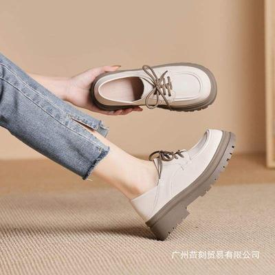 White British Style Platform Small Leather Shoes Women's Loafers Retro Round Head Lace-up Single Shoes