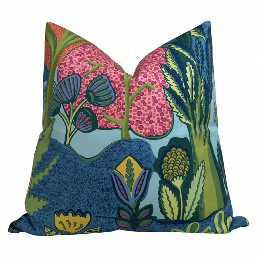 Albero Floral Pillow Cover In Blue, Designer Decorative Pillows Case,Bold Tropical Jungle Exotic Floral Block Print Decor Throw Pillow Cover