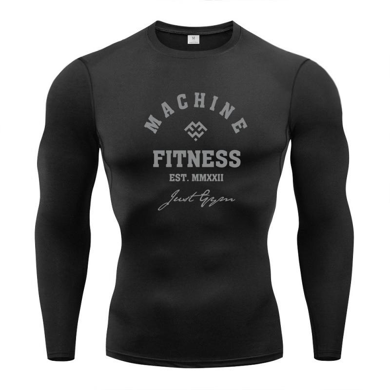 Muscleguys Machine Fitness Mens Long Sleeve Running T-Shirts Autunm Anti-Wrinkle Crewneck Gym Workout Muscle Tight Lightweight T Shirts