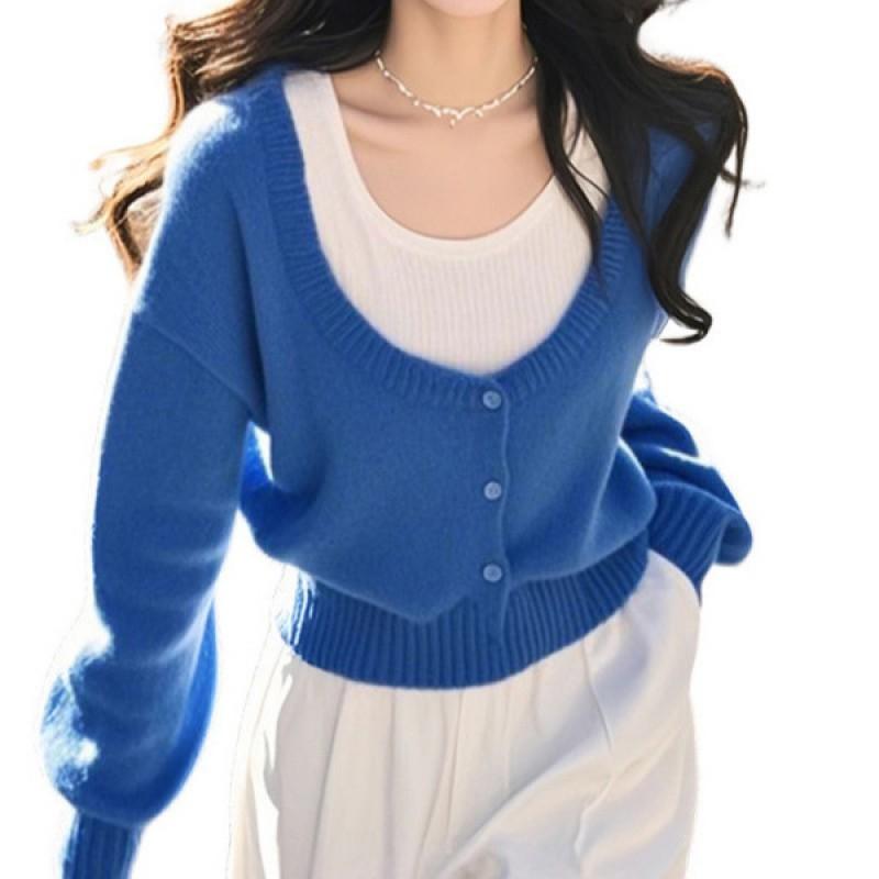 Korean Style Blue Faux Two-Piece Knit Sweater Soft Warm Top Women 2026 Fall Winter Casual Wear