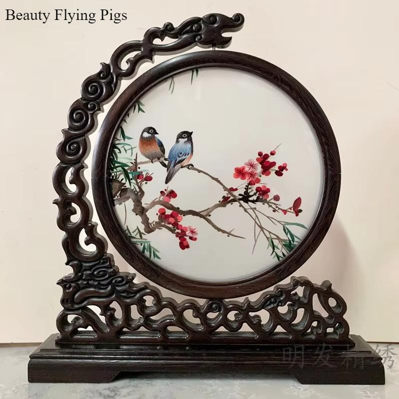 1pc, Su Embroidery Ornaments, Chinese Embroidery Crafts, Double Sided Embroidered Ornament, Solid Wood Desktop Decoration