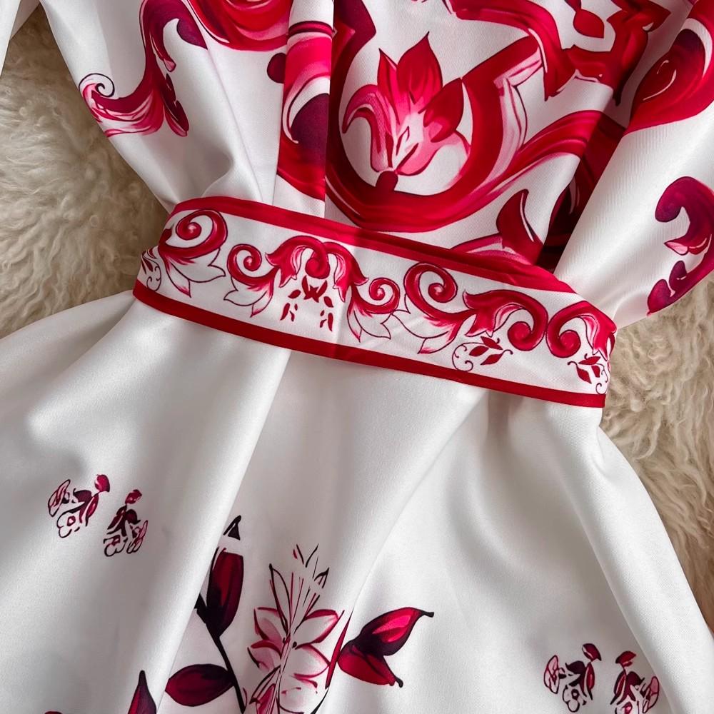 Autumn Holiday Red Blue And White Porcelain Maxi Dress Women Long Sleeve Single Breasted Lace Up Belt Flower Print Robe