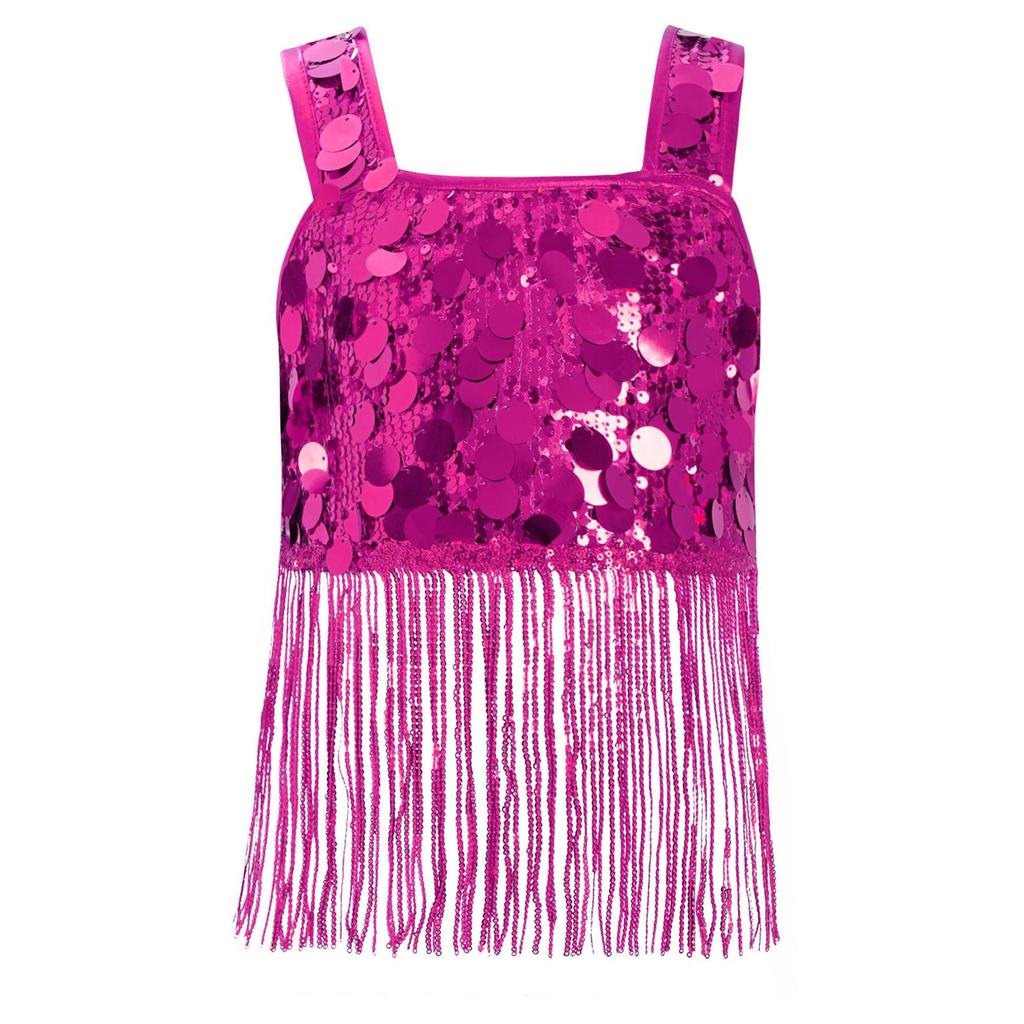 Dívčí taneční crop top se širokými ramínky a třásněmi z lesklých flitrů pro jazzové párty vystoupení