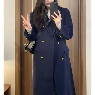 Navy Blue Woolen Coat Autumn Winter New Korean Style High-end Thickened Mid-length Temperament College Style Woolen Coat Chic