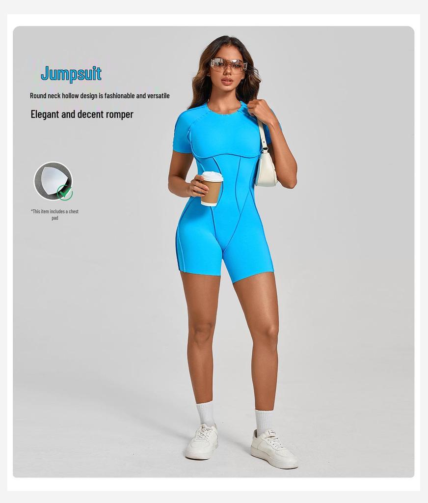 Europäischer & Amerikanischer 3D Ästhetischer Kurzarm Jumpsuit mit Offenem Rücken für Yoga und Fitness