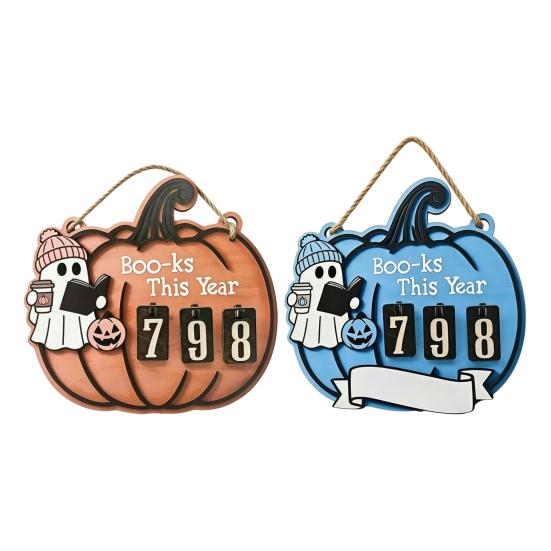 Double-layer Wood Chip Tech Halloween Ghost Pumpkin Reading Tracker Wooden Hanging Sign, Sliding Number Counter for Book Read This Year, Decoration