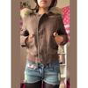 2KWEIRD Vintage Brown Fur Collar Hooded Jacket For Women Slim Fit Long Sleeve Pocket Coat New Female Autumn Winter Solid Streetwear