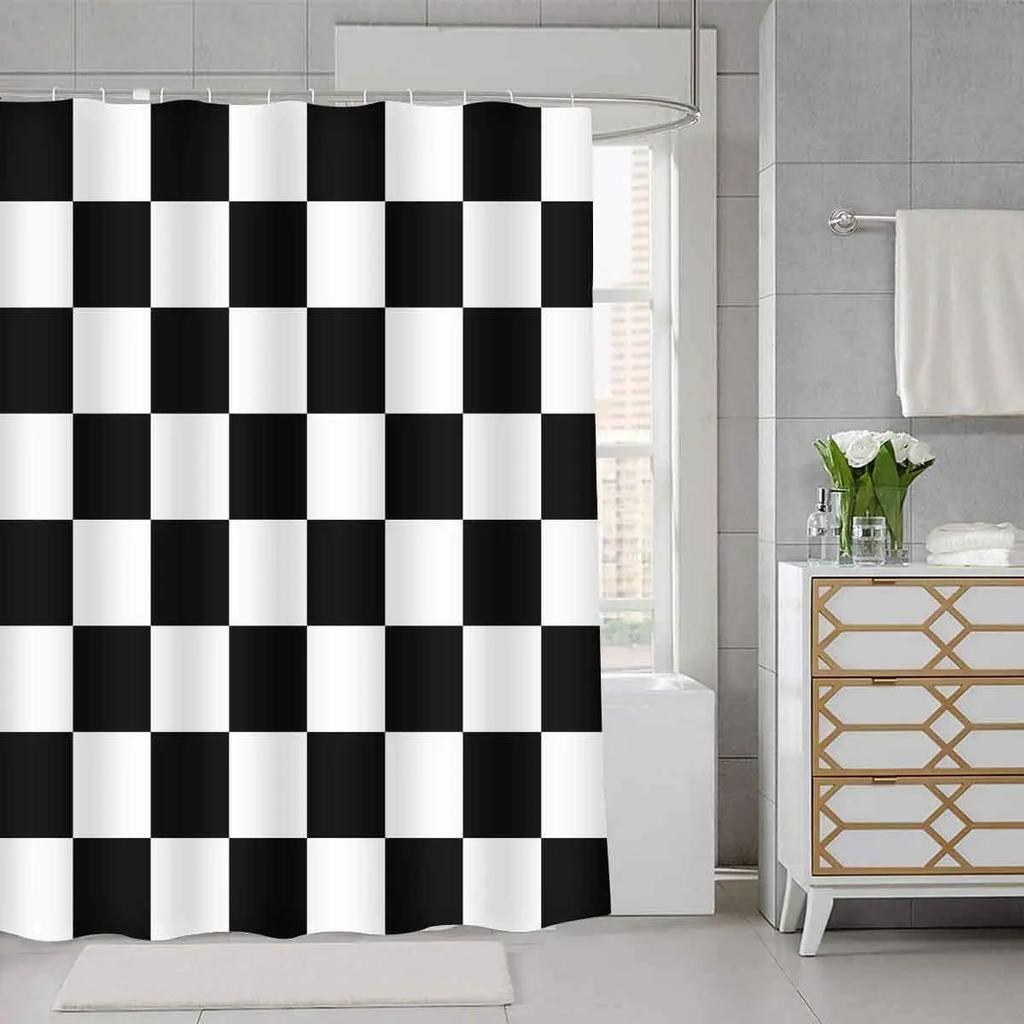 Abstract Geometric Black White Red Shower Curtain 3D Block Square Elegant Frame Modern Decor Fabric Bathroom with Hook Grey
