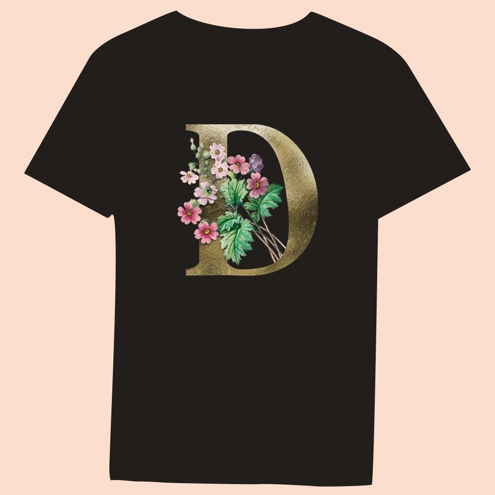 Gold Flower Letter 3D Printing Series Women's Black T-shirt Casual Large Top