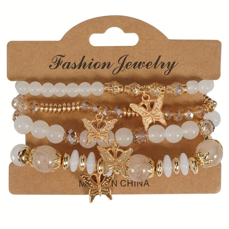 4Pcs Bohemian Butterfly Beaded Bracelets, Crystal Zinc Alloy Pendant, Ladies Daily Party Jewelry