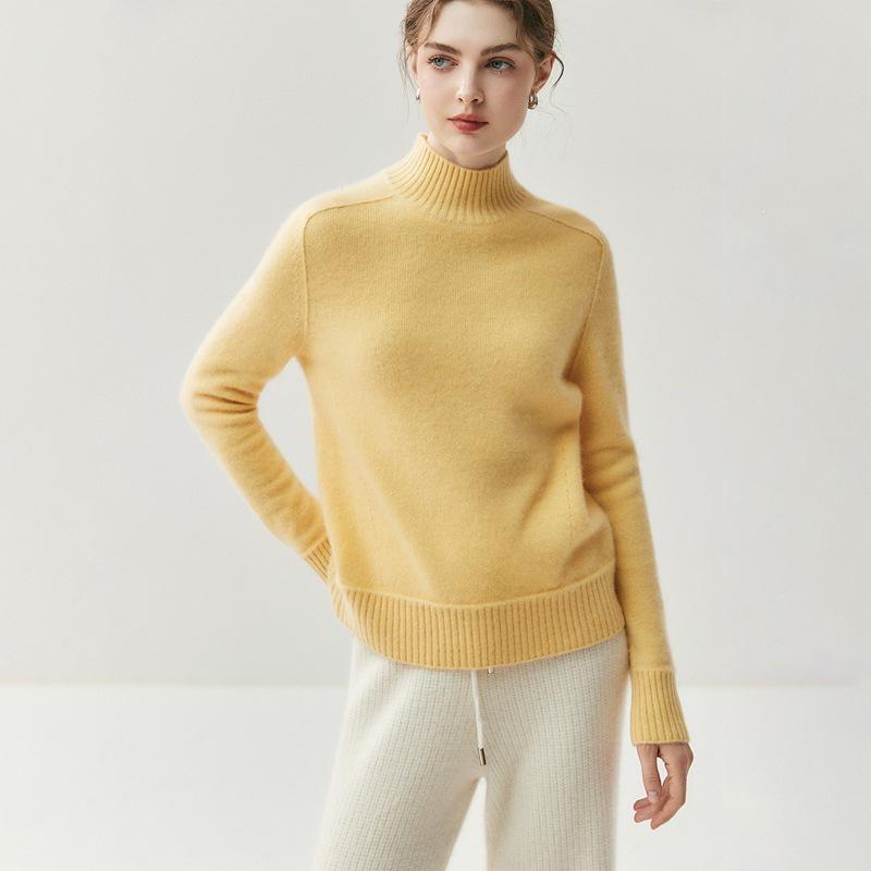 Elegant Women's Cashmere Sweater - Half-High Collar, Saddle Shoulder, Solid Color Knit for Autumn and Winter