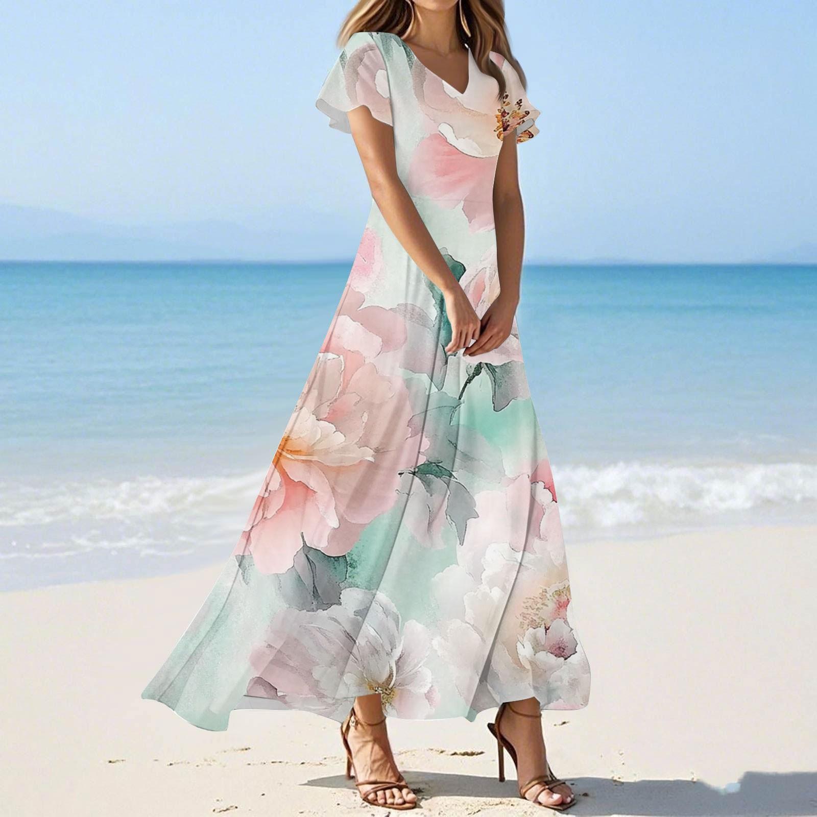 

Женское летнее повседневное модное платье с цветочным принтом и V-образным вырезом с коротким рукавом M циан