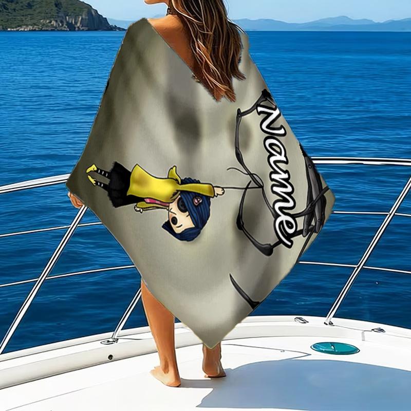 1pc Coraline7 Beach Towel with Custom Name, Beach/Swimming/Bath/Picnic/Camping Towel, Suitable for Seaside Beaches