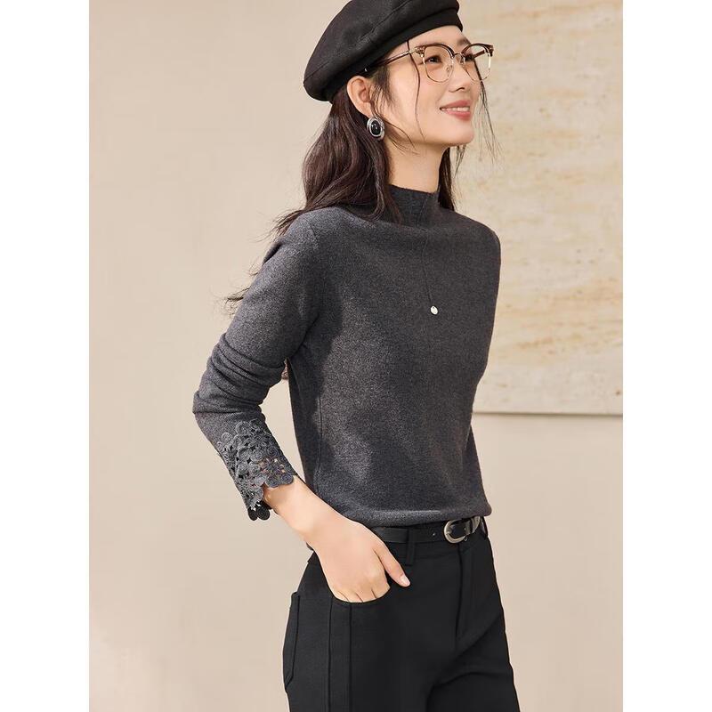 

Elegant Mock Neck Slim Fit Knit Sweater with Lace & Metal Trim Cuffs One Size