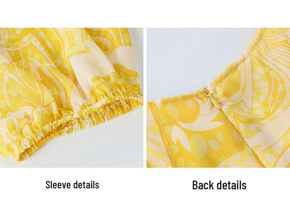 V-Neck Yellow Floral Tencel Chiffon Dress for Beach Vacation