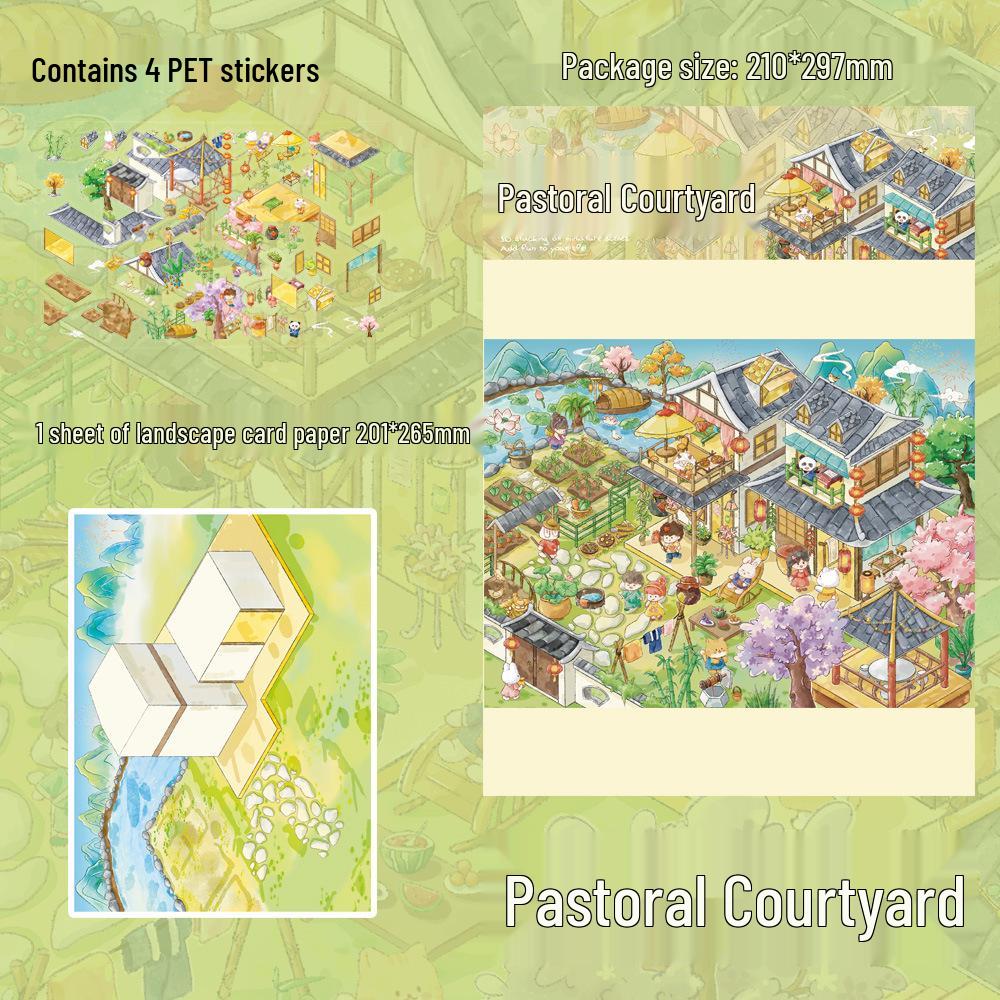 4 PET Sheets Pastoral Courtyard Scenery Stickers for DIY Handmade Cartoon Miniature Scenes and Journals