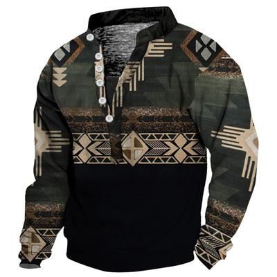 Pullover mit V-Ausschnitt für Herren, 3D-Digitaldruck, Stehkragen, 6 Knöpfe, Vintage-Kragen