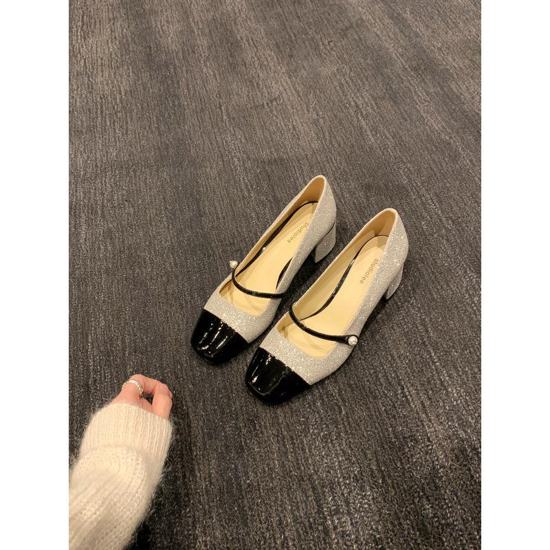 Schuhe Glitzernde Pailletten Eckige Spitze mit Dickem Absatz Mary Jane Schuhe