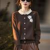 Autumn And Winter Worsted Wool Knitted Cardigan Women'S Lapel Small Fragrant Three-Dimensional Flower Jacket Color Matching Women'S Sweater