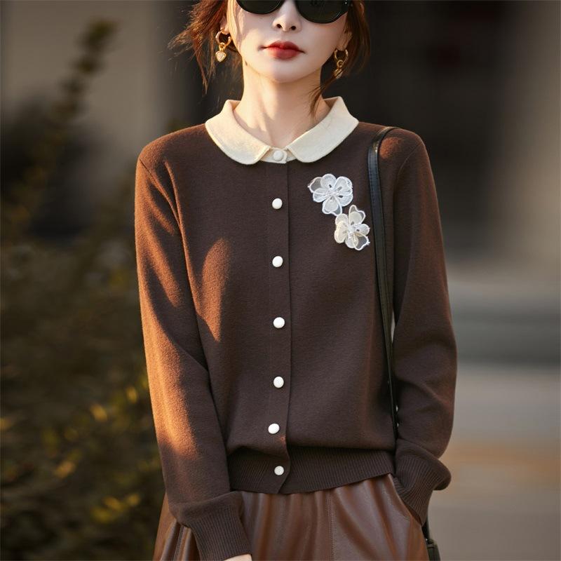 Autumn And Winter Worsted Wool Knitted Cardigan Women'S Lapel Small Fragrant Three-Dimensional Flower Jacket Color Matching Women'S Sweater