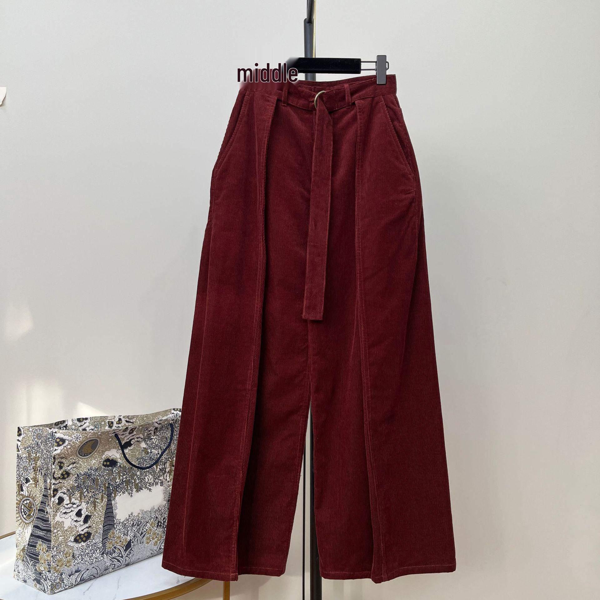 

Unisex Burgundy Corduroy Wide-Leg Pleated Pants with Lace-Up Belt L вина червоного кольору