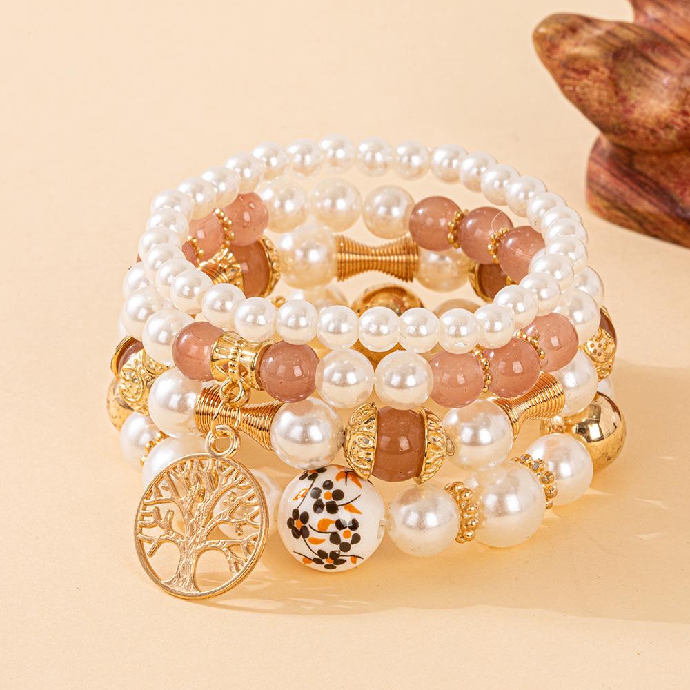 Bohemian Beaded Bracelet Set with Tree of Life Pendant and Faux Pearls
