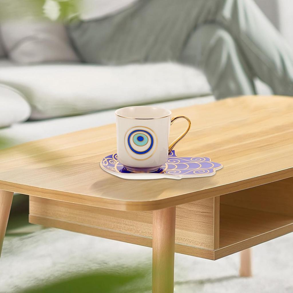 Kichvoe Evil Eye Coffee Mug Set Tea Cups and Saucers Turkish Blue Eye Espresso Cup Water Milk Drinking Cup with Ceramic Hamsa Hand Saucer Candy Plate